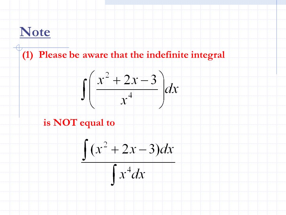 Note (1) Please be aware that the indefinite integral is NOT equal to
