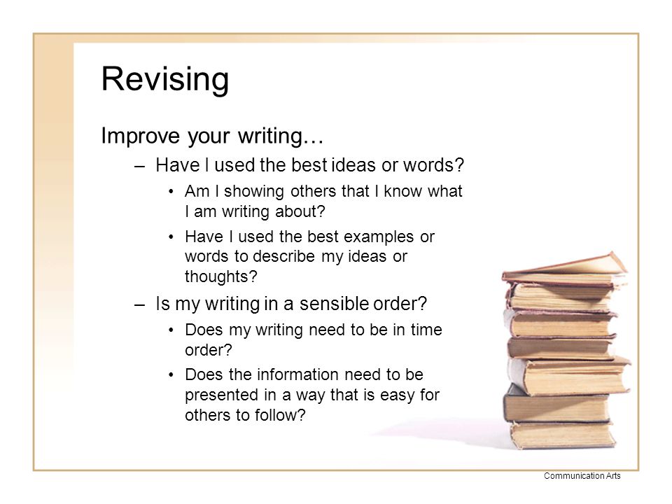 Revising Improve your writing… Have I used the best ideas or words