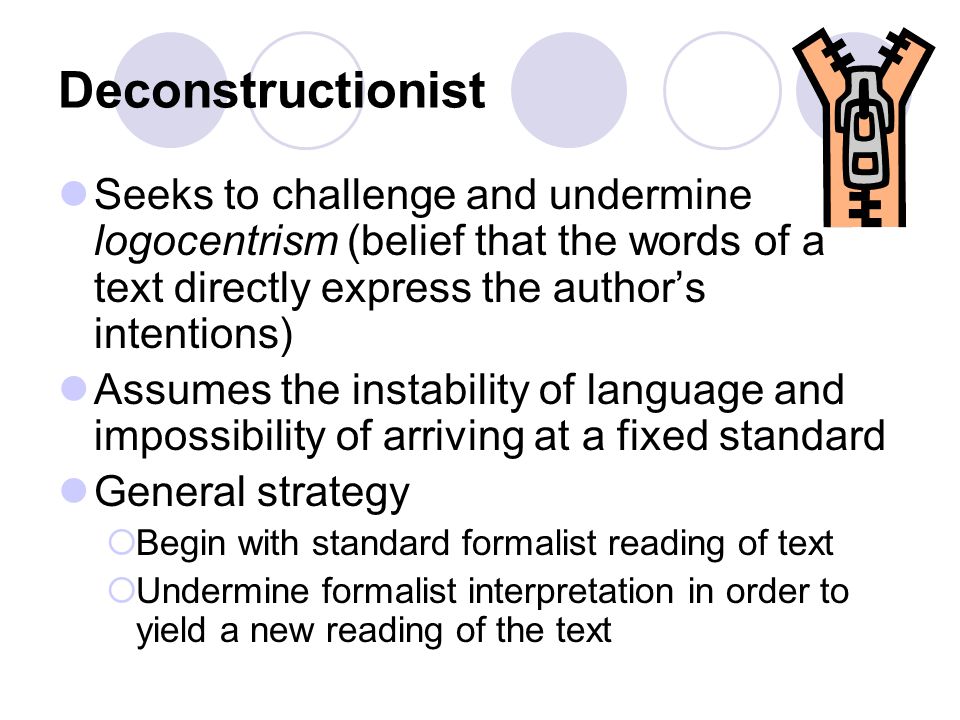 Deconstructionist Seeks to challenge and undermine logocentrism (belief that the words of a text directly express the author’s intentions)