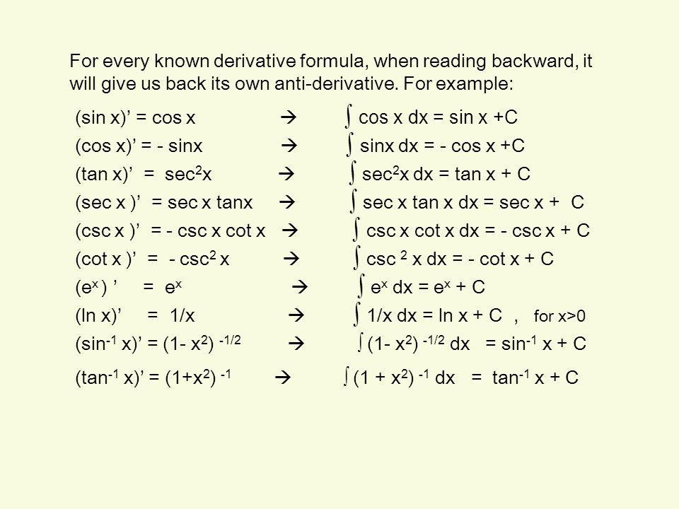 For every known derivative formula, when reading backward, it will give us back its own anti-derivative. For example: