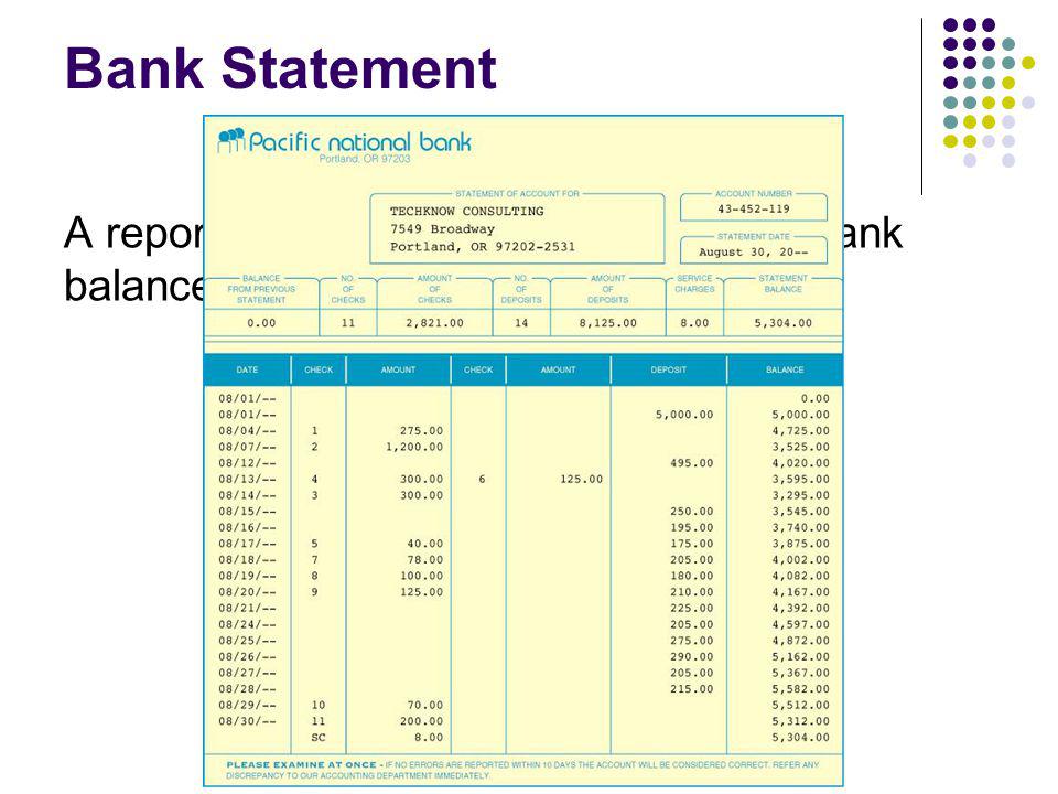 Bank Statement A report of deposits, withdrawals, and bank balances sent to a depositor by a bank