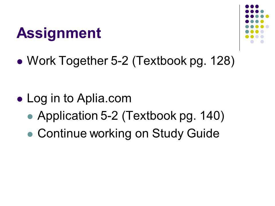 Assignment Work Together 5-2 (Textbook pg. 128) Log in to Aplia.com