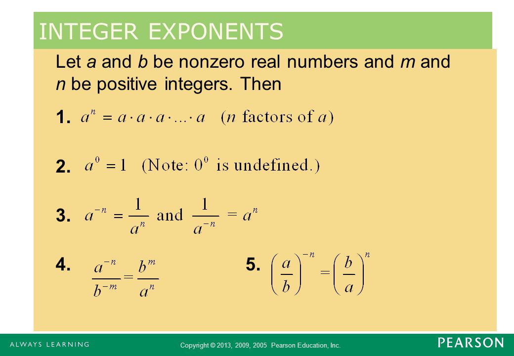 INTEGER EXPONENTS Let a and b be nonzero real numbers and m and n be positive integers. Then