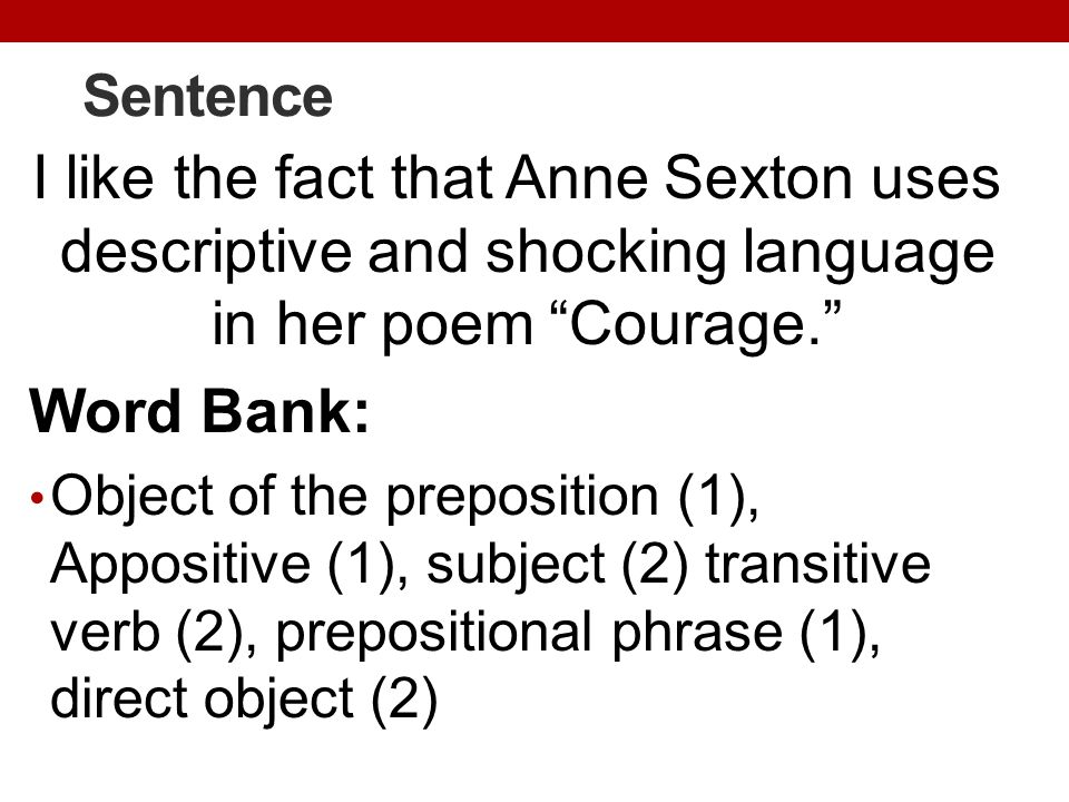 Sentence I like the fact that Anne Sexton uses descriptive and shocking language in her poem Courage.