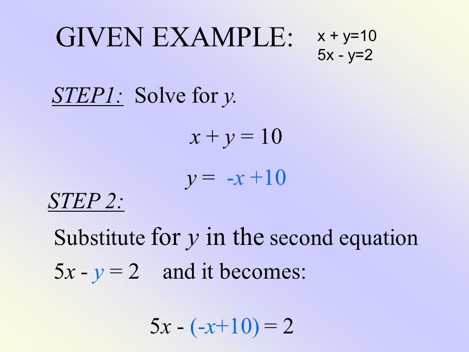GIVEN EXAMPLE: STEP1: Solve for y. x + y = 10 y = -x +10 STEP 2: