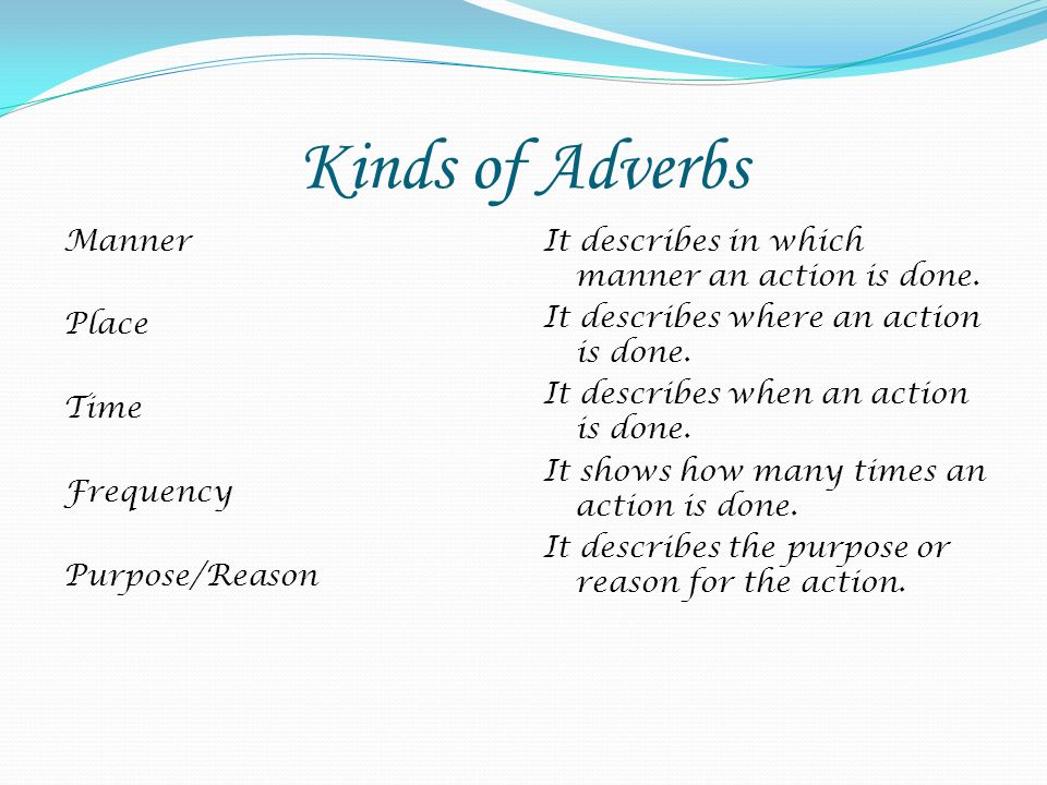 Kinds of Adverbs Manner Place Time Frequency Purpose/Reason
