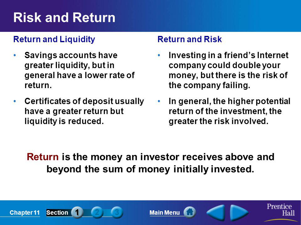 Risk and Return Return and Liquidity. Savings accounts have greater liquidity, but in general have a lower rate of return.