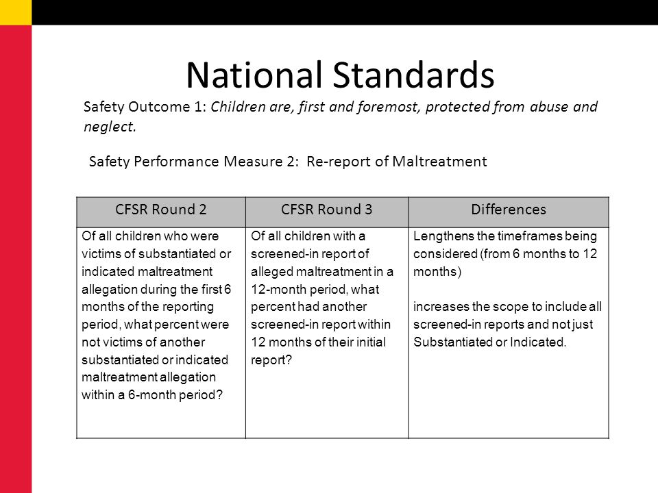 National Standards Safety Outcome 1: Children are, first and foremost, protected from abuse and neglect.