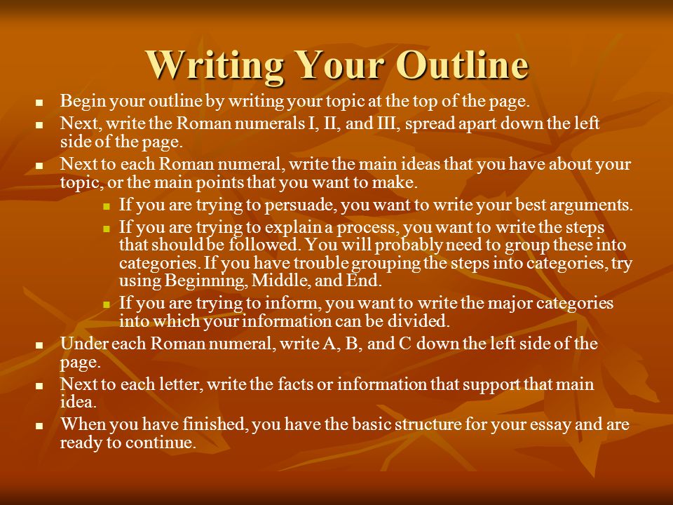 Writing Your Outline Begin your outline by writing your topic at the top of the page.