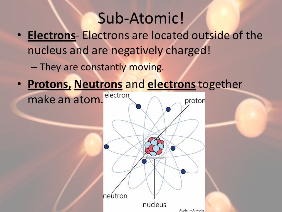 Sub-Atomic! Electrons- Electrons are located outside of the nucleus and are negatively charged! They are constantly moving.