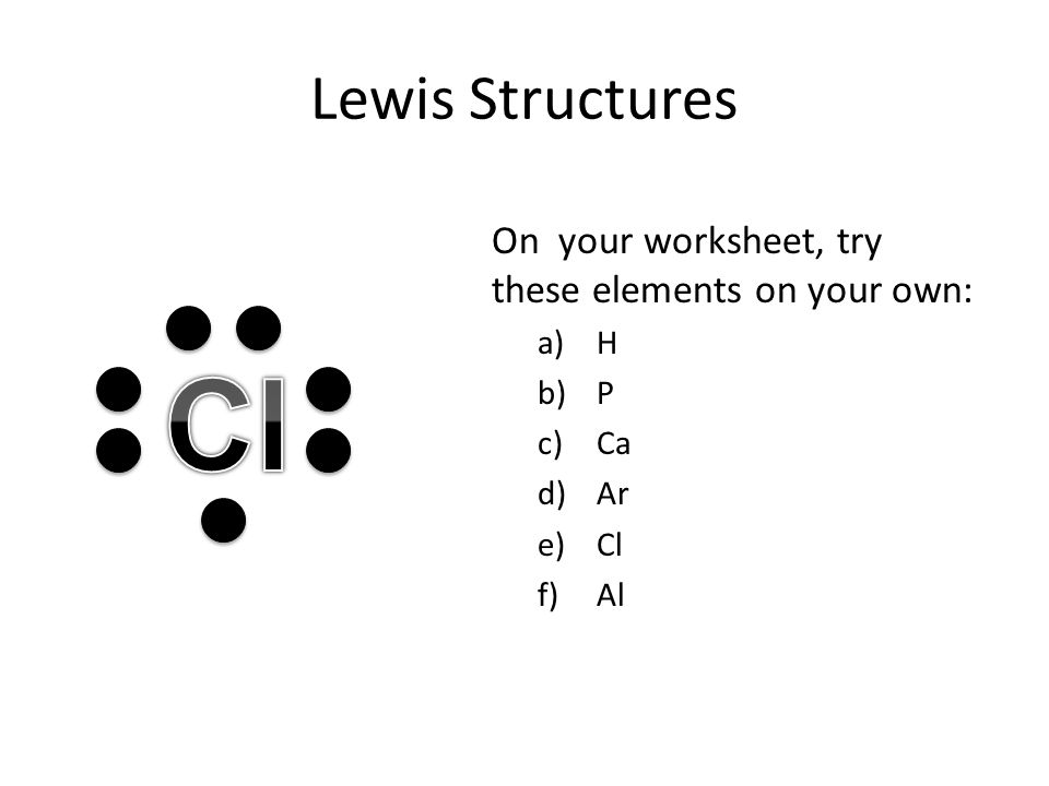 Cl Lewis Structures On your worksheet, try these elements on your own: