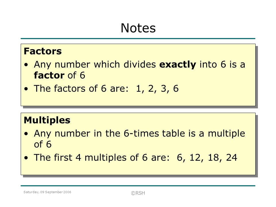 Notes Factors Any number which divides exactly into 6 is a factor of 6
