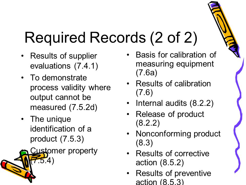 Required Records (2 of 2) Results of supplier evaluations (7.4.1)