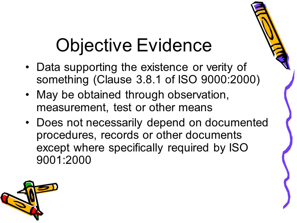 Objective Evidence Data supporting the existence or verity of something (Clause of ISO 9000:2000)