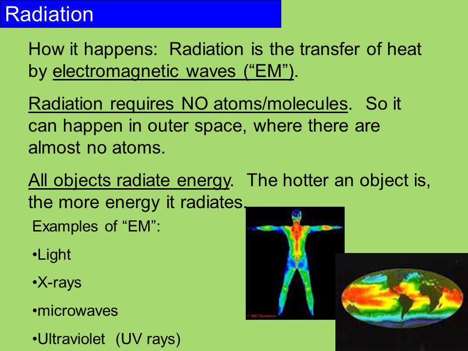 Radiation How it happens: Radiation is the transfer of heat by electromagnetic waves ( EM ).
