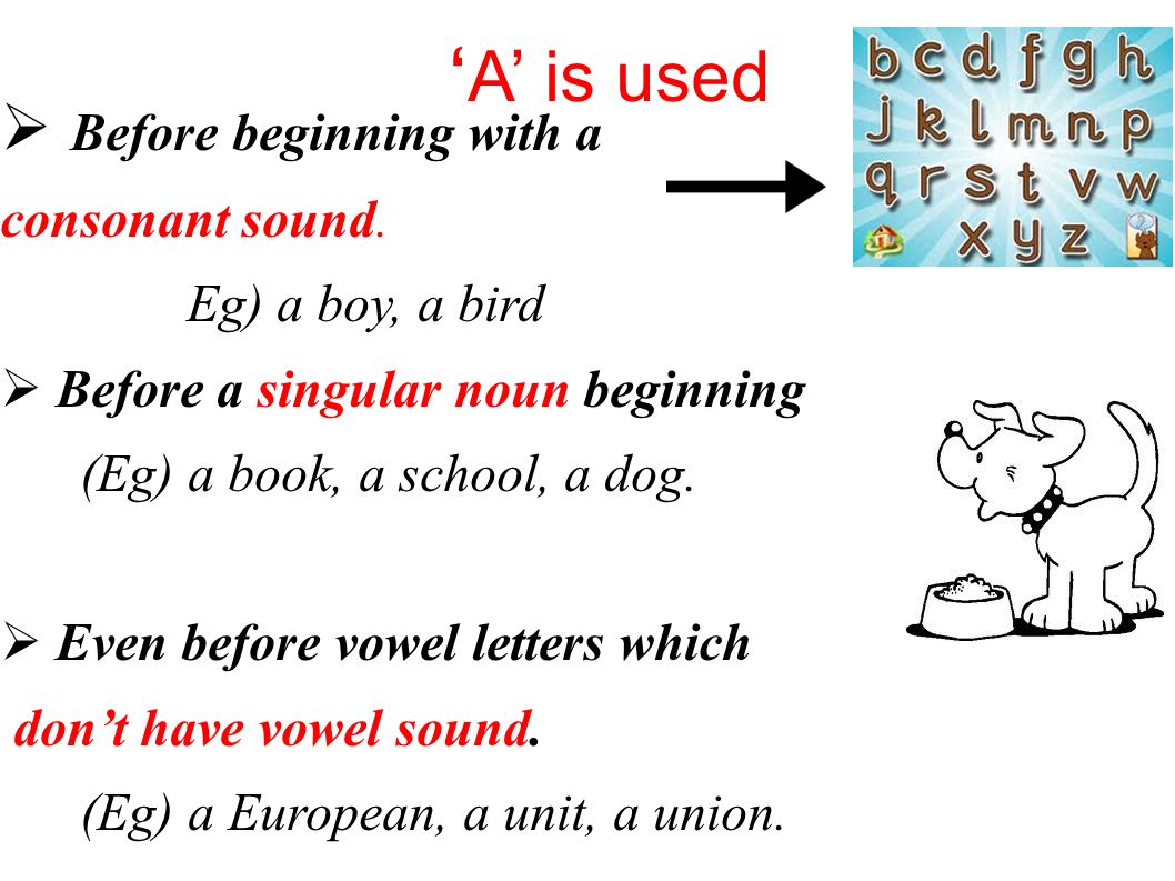 ‘A’ is used Before beginning with a consonant sound. Eg) a boy, a bird