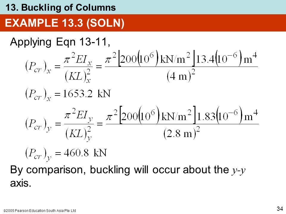 EXAMPLE 13.3 (SOLN) Applying Eqn 13-11, By comparison, buckling will occur about the y-y axis.