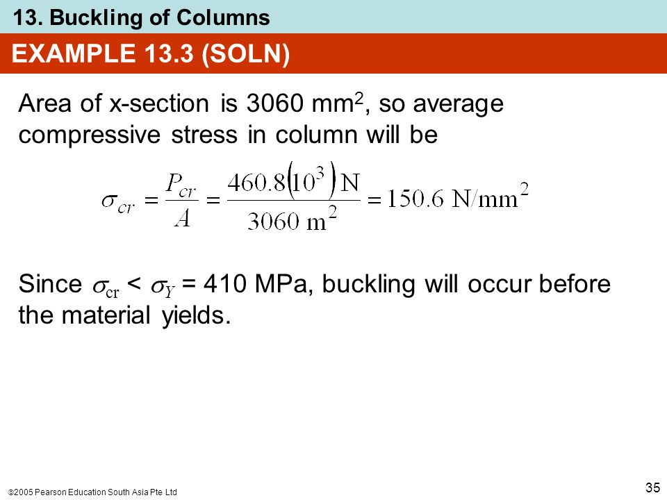 EXAMPLE 13.3 (SOLN) Area of x-section is 3060 mm2, so average compressive stress in column will be.