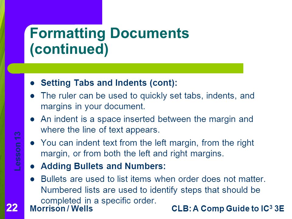 Formatting Documents (continued)