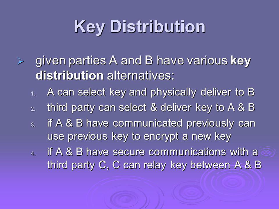 Key Distribution given parties A and B have various key distribution alternatives: A can select key and physically deliver to B.