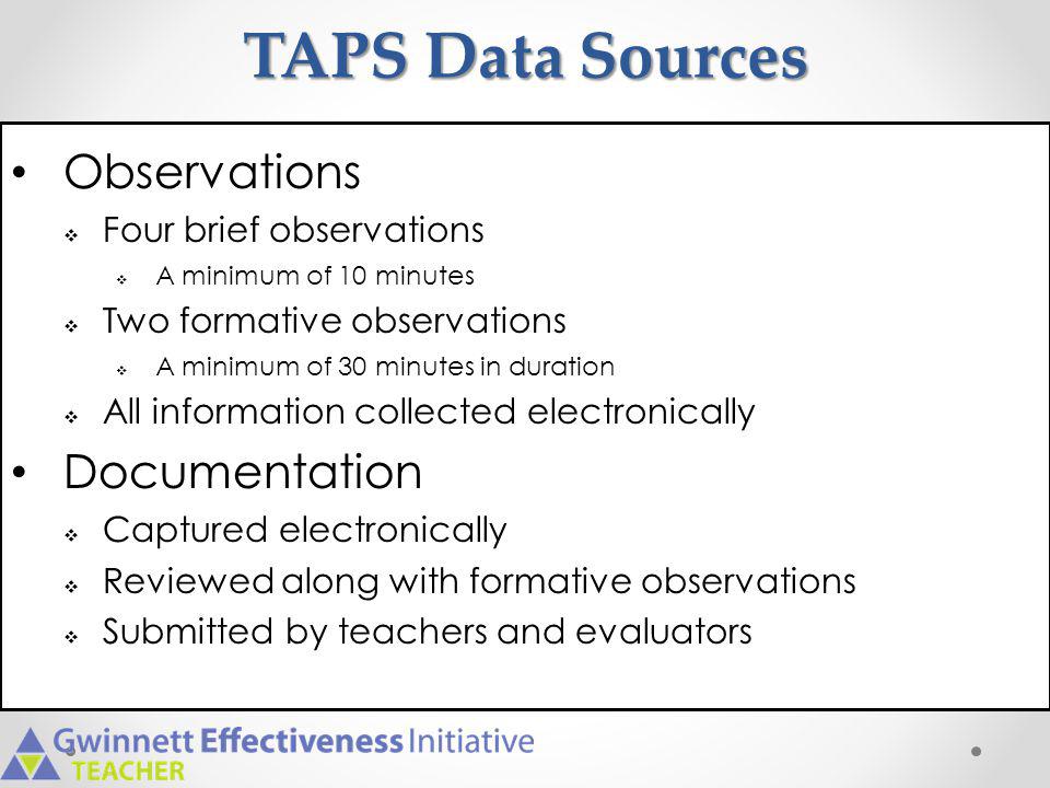 TAPS Data Sources Observations Documentation Four brief observations