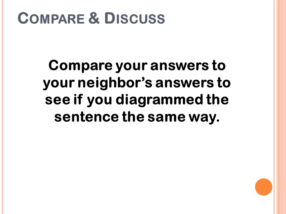 Compare & Discuss Compare your answers to your neighbor’s answers to see if you diagrammed the sentence the same way.