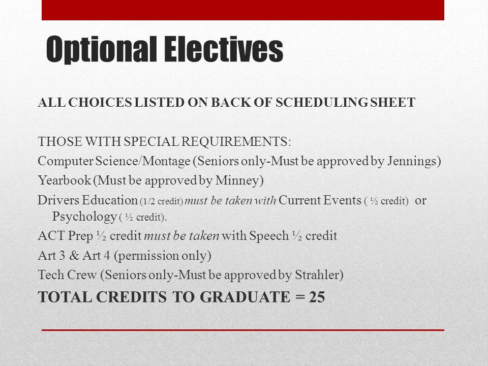 Optional Electives TOTAL CREDITS TO GRADUATE = 25