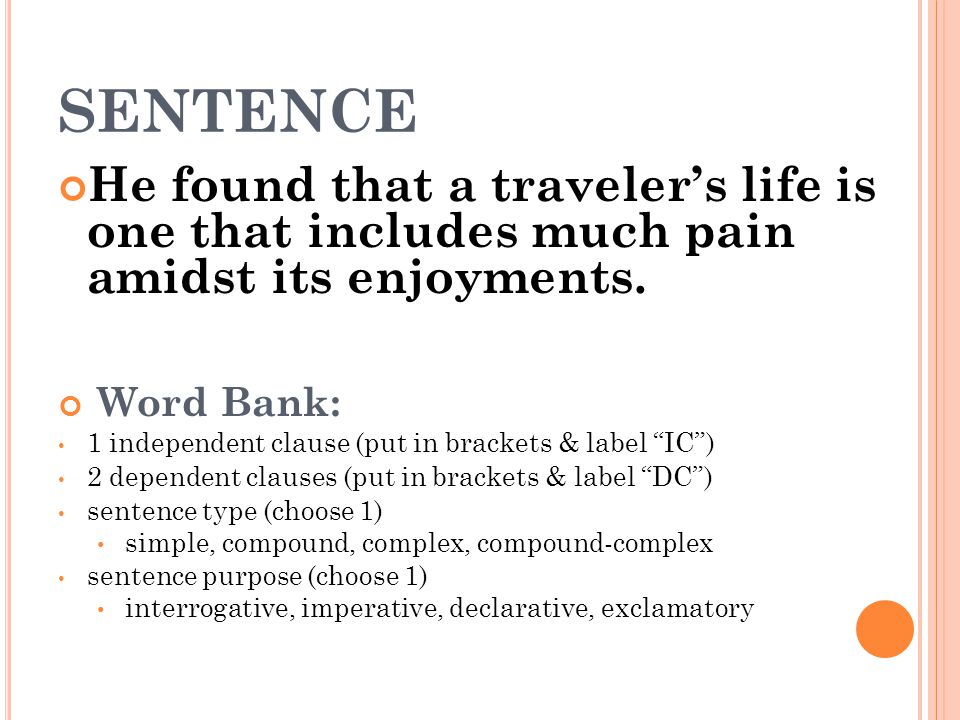 SENTENCE He found that a traveler’s life is one that includes much pain amidst its enjoyments. Word Bank: