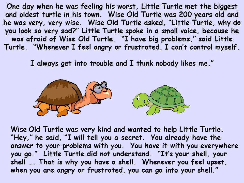One day when he was feeling his worst, Little Turtle met the biggest and oldest turtle in his town. Wise Old Turtle was 200 years old and he was very, very wise. Wise Old Turtle asked, Little Turtle, why do you look so very sad Little Turtle spoke in a small voice, because he was afraid of Wise Old Turtle. I have big problems, said Little Turtle. Whenever I feel angry or frustrated, I can’t control myself. I always get into trouble and I think nobody likes me.