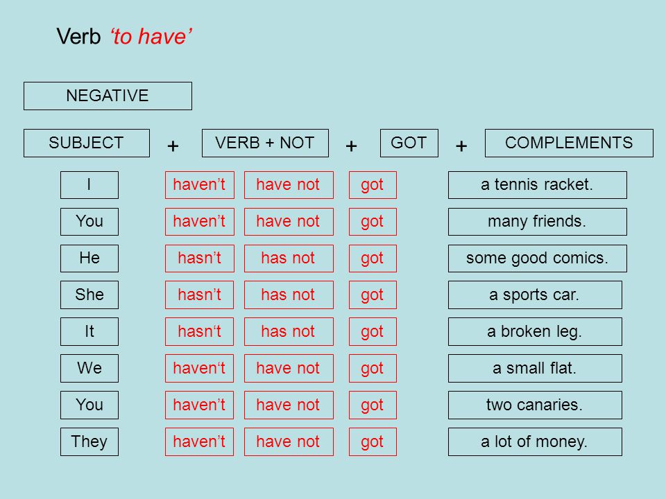 Verb ‘to have’ NEGATIVE SUBJECT VERB + NOT GOT COMPLEMENTS I