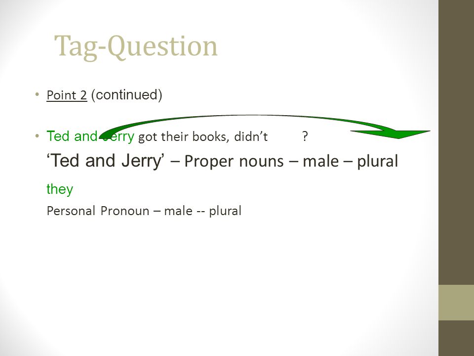 Tag-Question ‘Ted and Jerry’ – Proper nouns – male – plural they