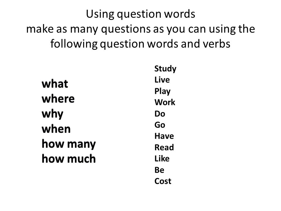 Using question words make as many questions as you can using the following question words and verbs