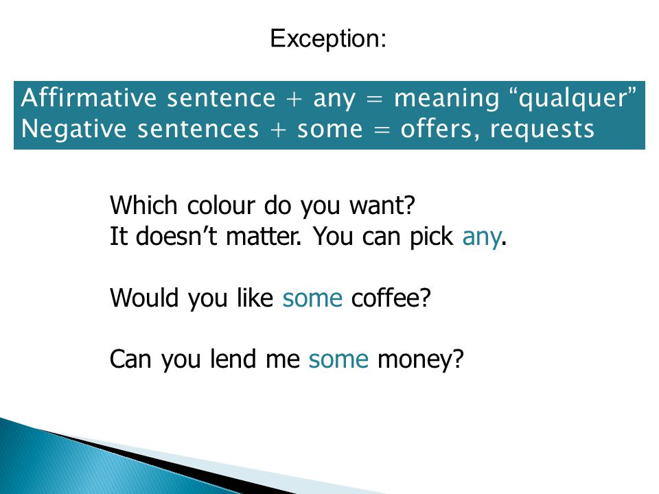 Exception: Affirmative sentence + any = meaning qualquer Negative sentences + some = offers, requests.