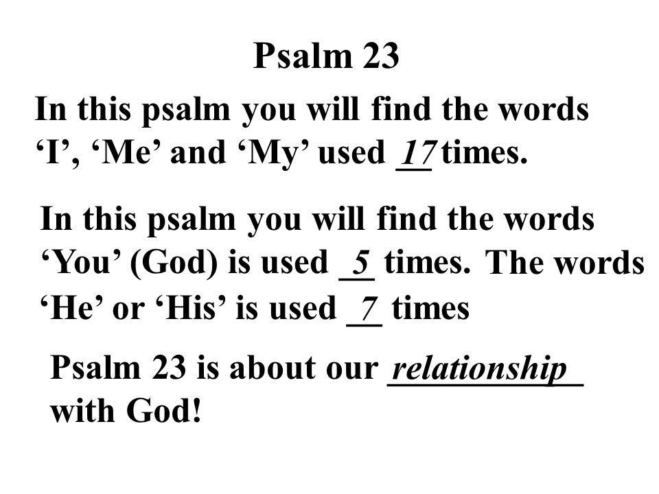 Psalm 23 In this psalm you will find the words ‘I’, ‘Me’ and ‘My’ used __ times. 17.