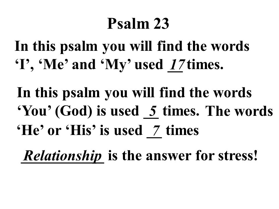 Psalm 23 In this psalm you will find the words ‘I’, ‘Me’ and ‘My’ used __ times. 17.
