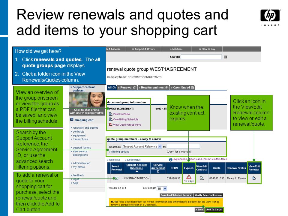 Review renewals and quotes and add items to your shopping cart