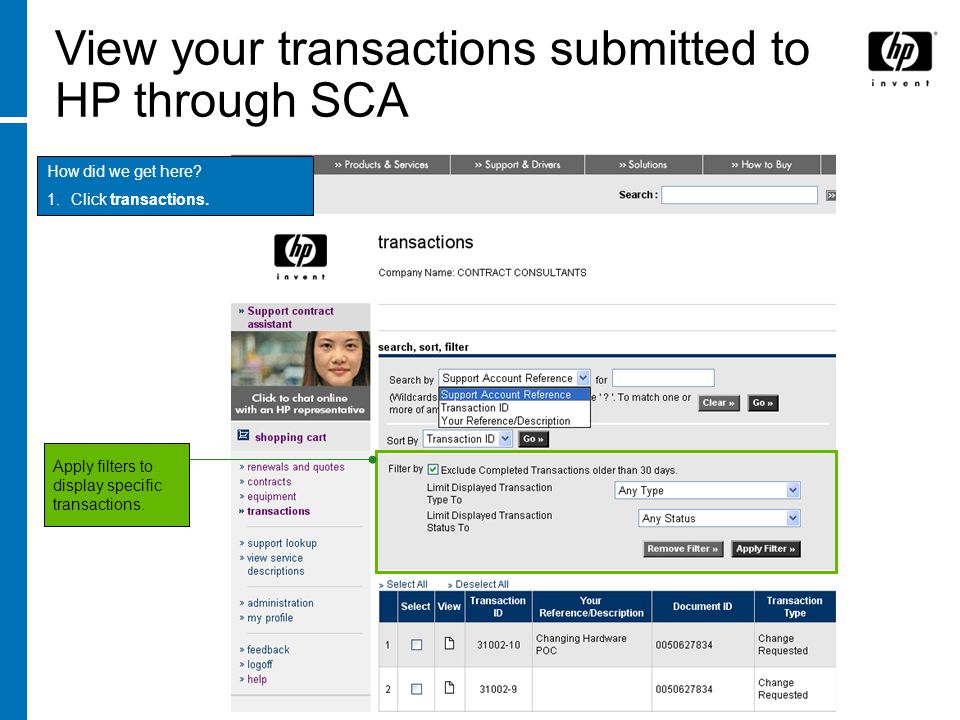 View your transactions submitted to HP through SCA