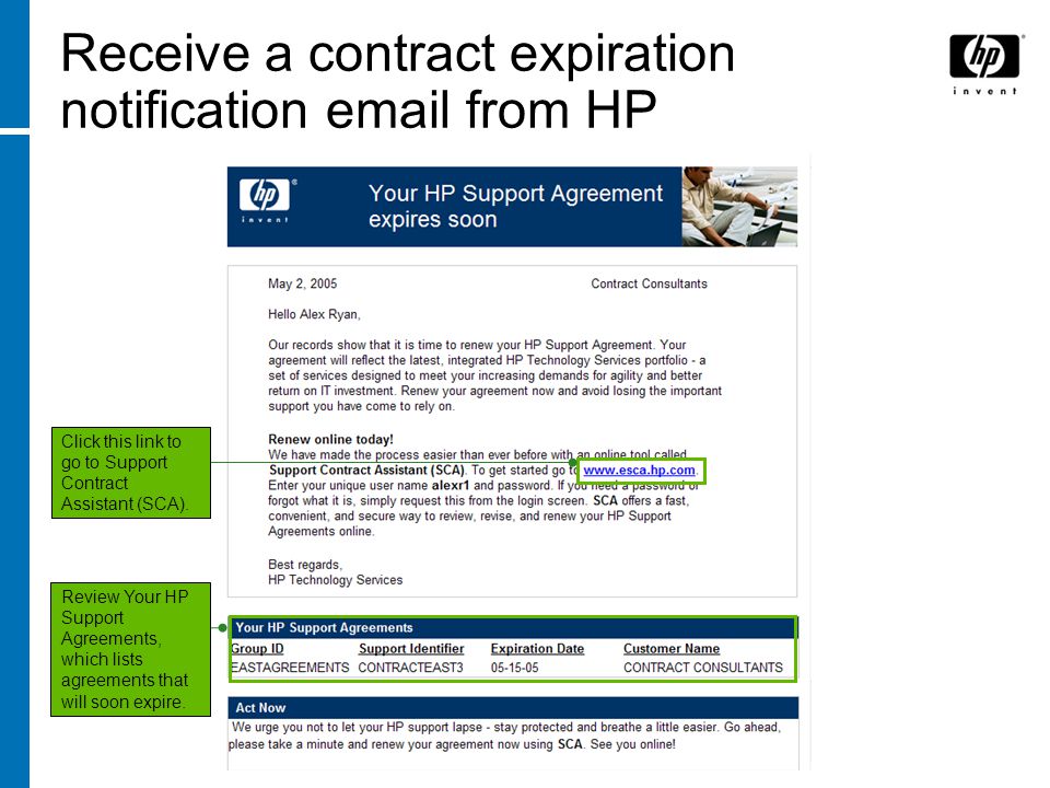 Receive a contract expiration notification  from HP
