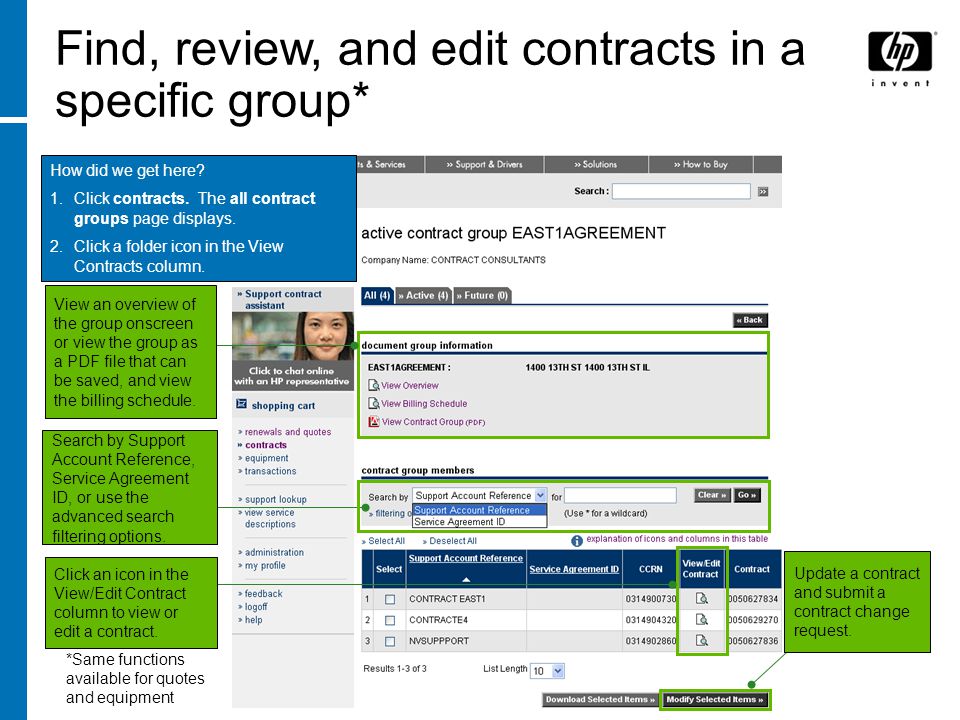 Find, review, and edit contracts in a specific group*