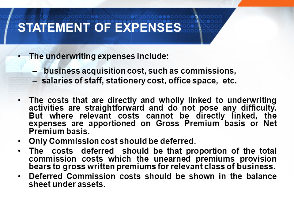 STATEMENT OF EXPENSES The underwriting expenses include: