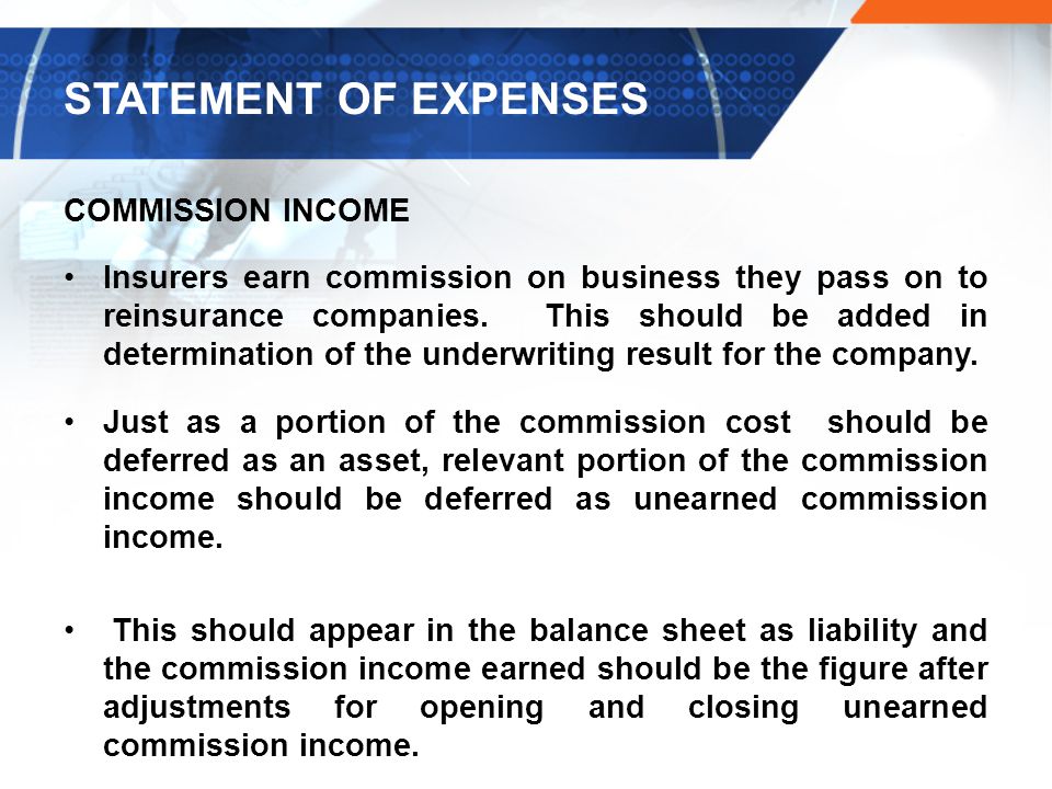 STATEMENT OF EXPENSES COMMISSION INCOME