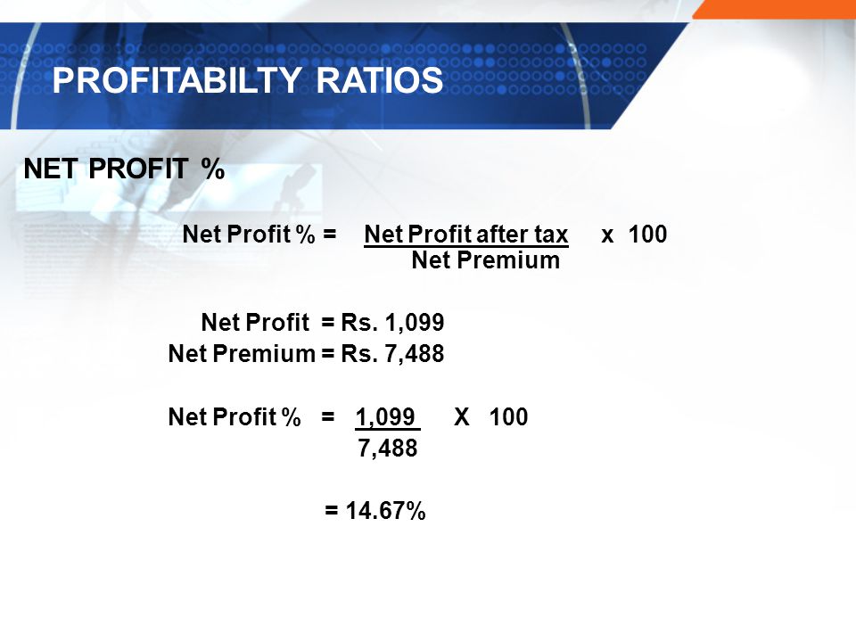 Net Profit % = Net Profit after tax x 100