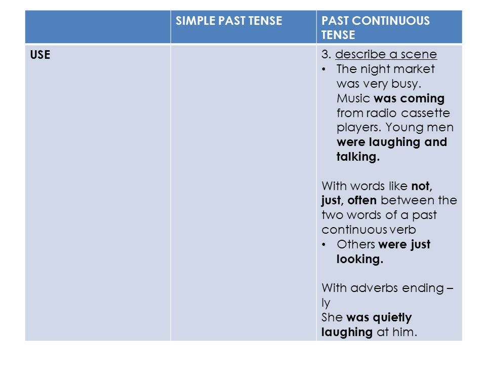SIMPLE PAST TENSE PAST CONTINUOUS TENSE. USE. 3. describe a scene.