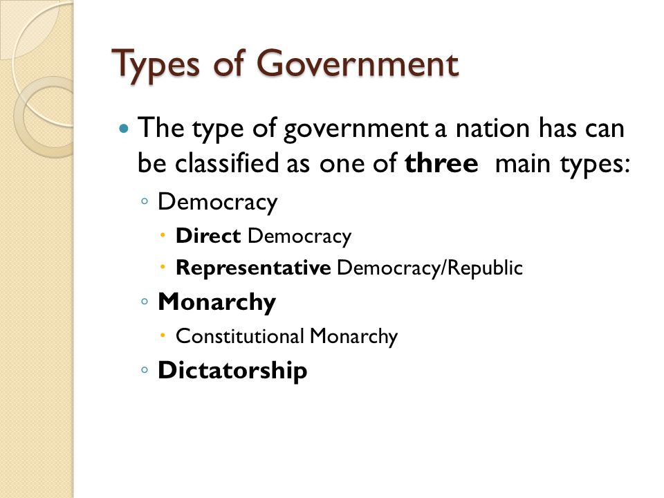 Types of Government The type of government a nation has can be classified as one of three main types: