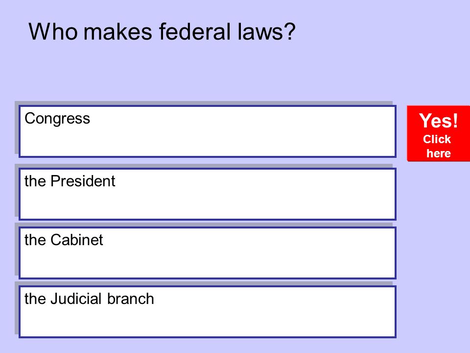 Who makes federal laws Yes! Congress the President the Cabinet