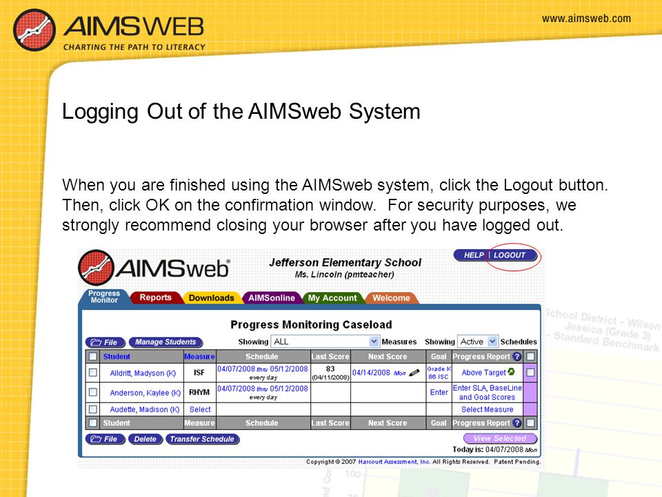 Logging Out of the AIMSweb System