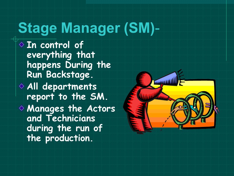 Stage Manager (SM)- In control of everything that happens During the Run Backstage. All departments report to the SM.