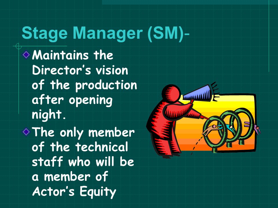 Stage Manager (SM)- Maintains the Director’s vision of the production after opening night.