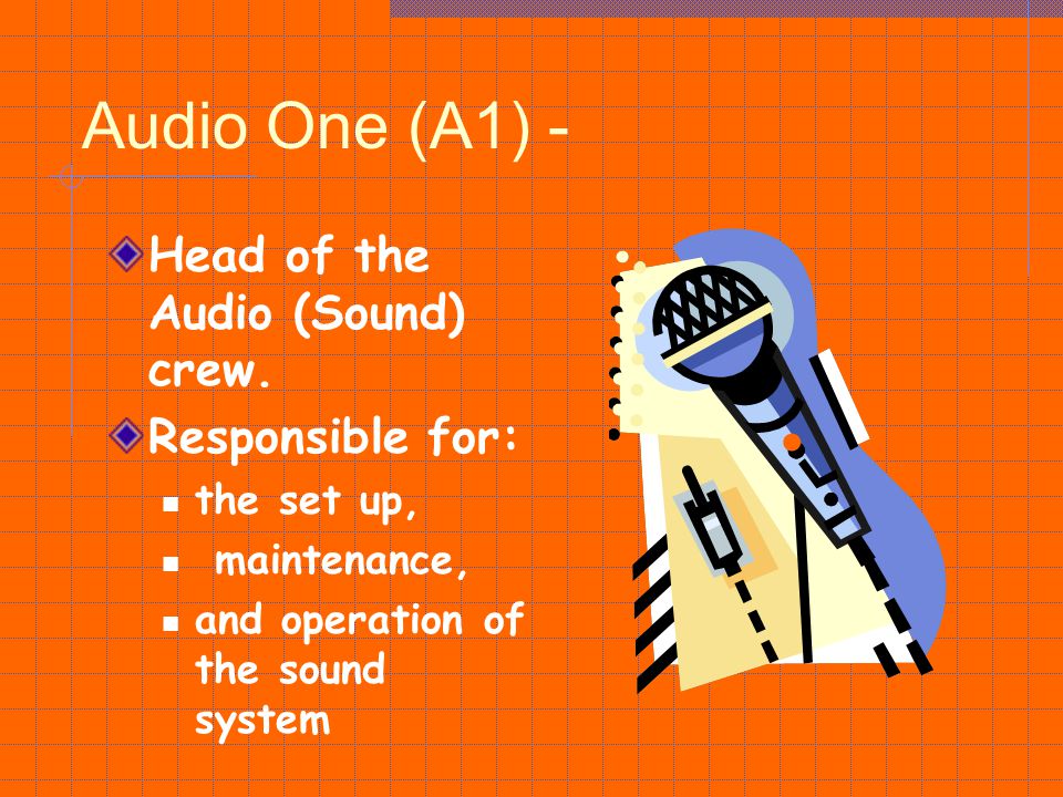 Audio One (A1) - Head of the Audio (Sound) crew. Responsible for: