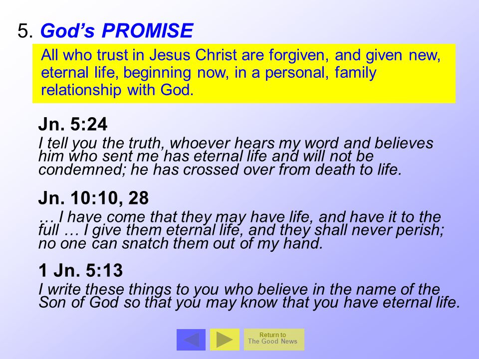 5. God’s PROMISE Jn. 5:24 Jn. 10:10, 28 1 Jn. 5:13
